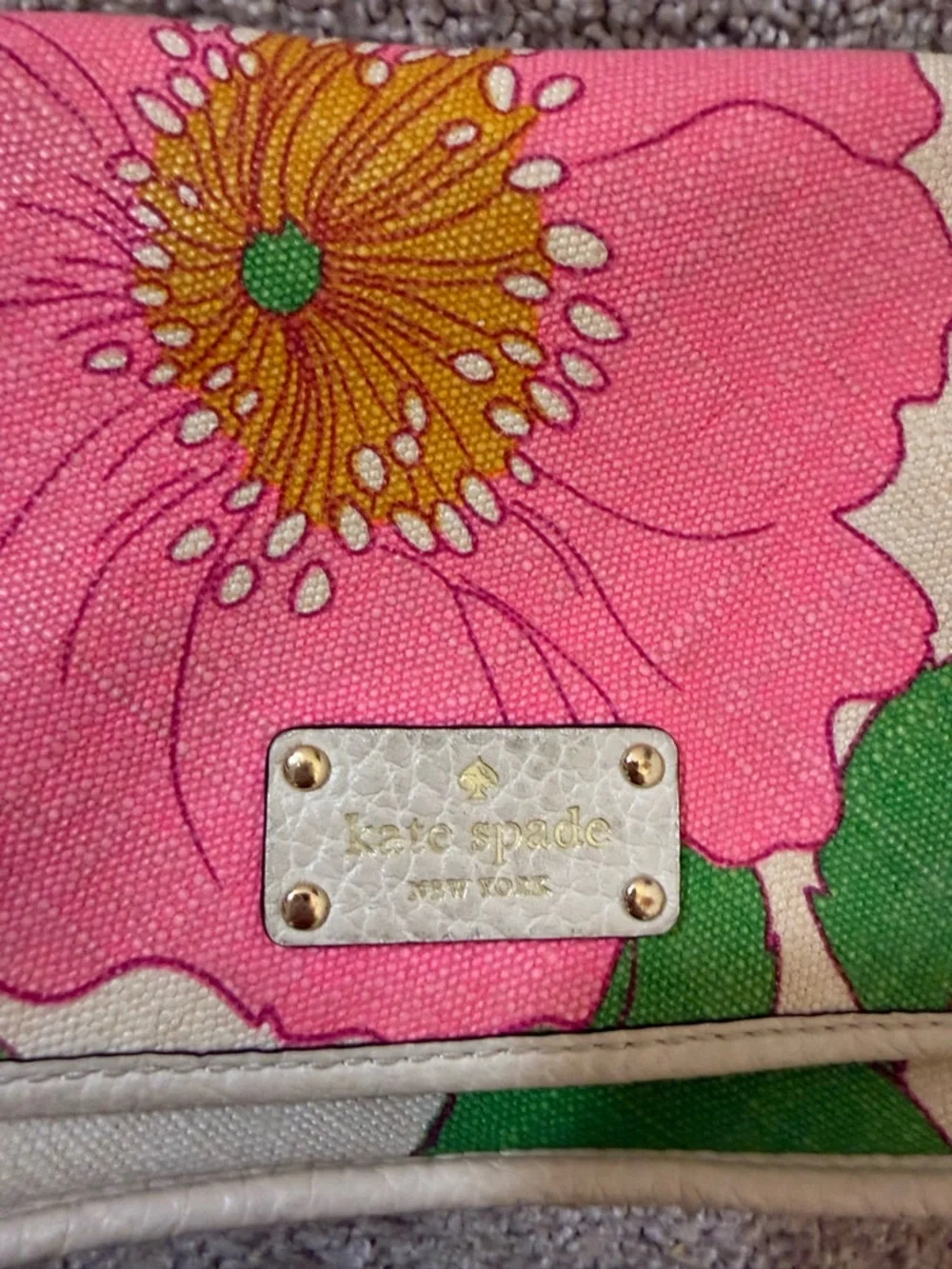 Kate Spade Cream Pink Floral Canvas Woven Leather Crossbody‎ Bag Purse Summer